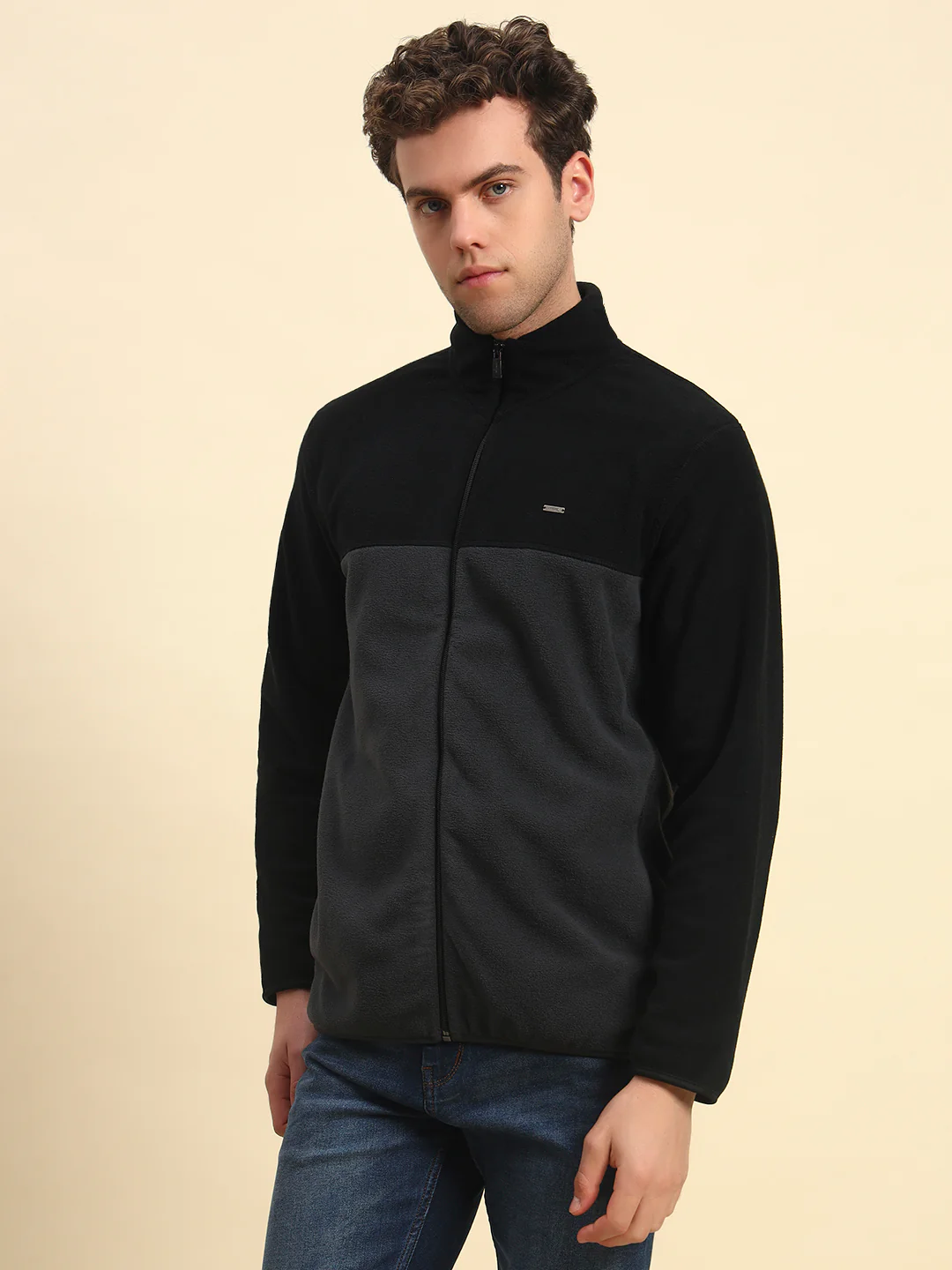 Sweatshirt for Men | Winter Wear Acrylic Fabric Zipper Closure Mock Neck Regular Fit Colour Block Pattern - Image 6