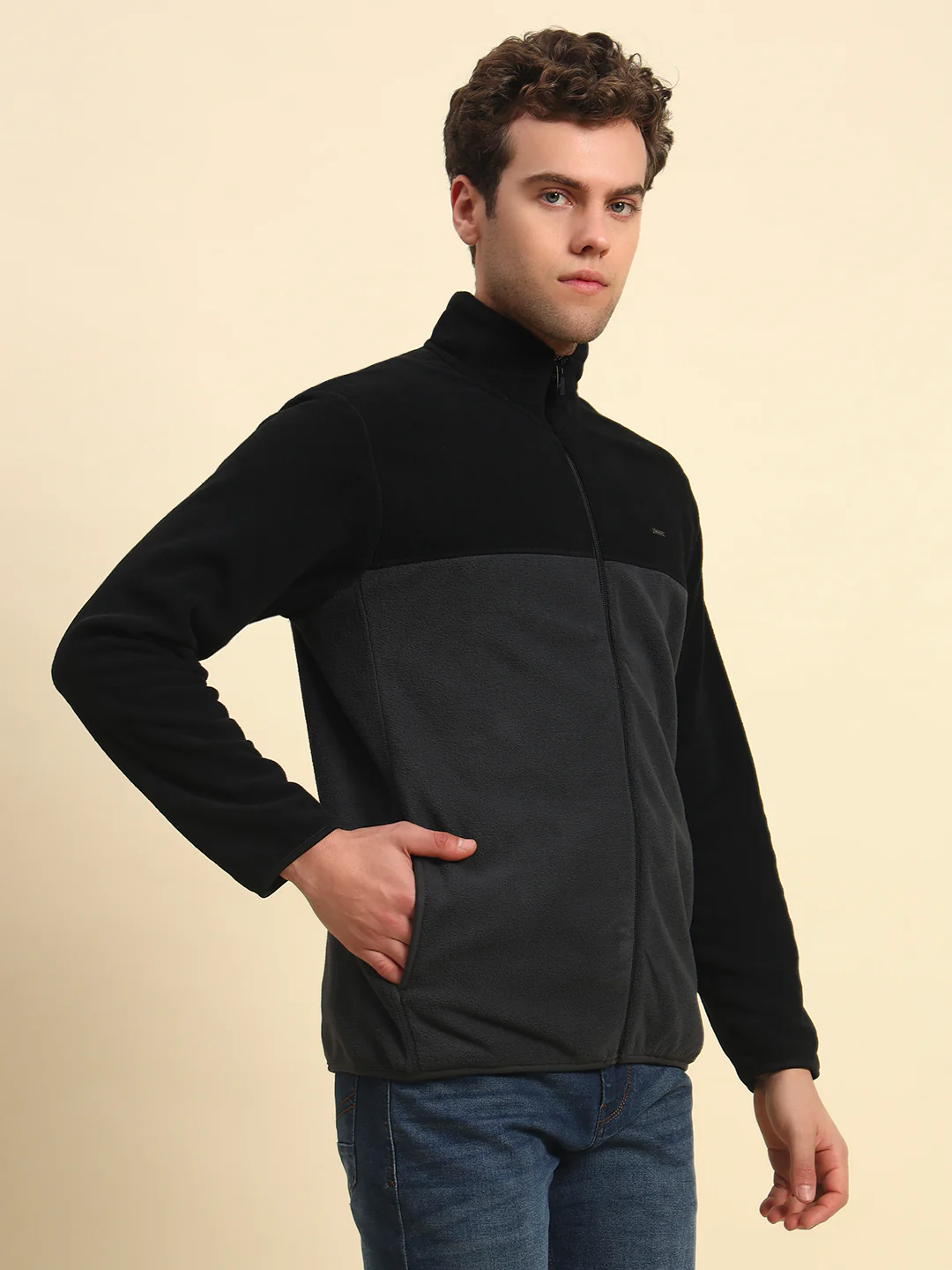 Sweatshirt for Men | Winter Wear Acrylic Fabric Zipper Closure Mock Neck Regular Fit Colour Block Pattern - Image 7