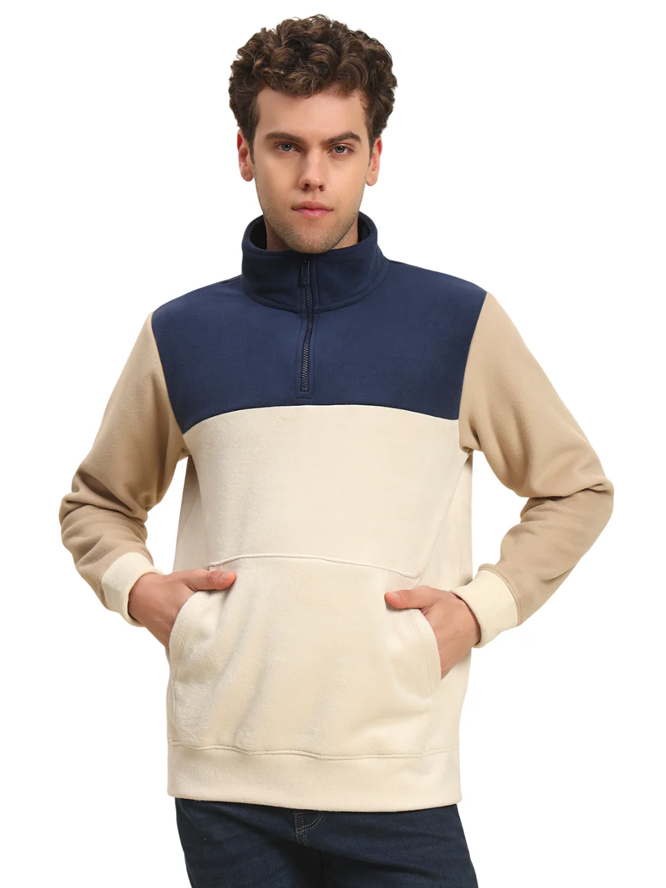 Sweatshirt for Men | Winter Wear Acrylic Fabric Zipper Closure Mock Neck Regular Fit Colour Block Pattern - Image 2