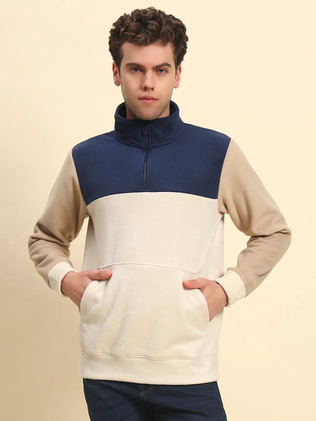 Sweatshirt for Men | Winter Wear Acrylic Fabric Zipper Closure Mock Neck Regular Fit Colour Block Pattern - Image 3