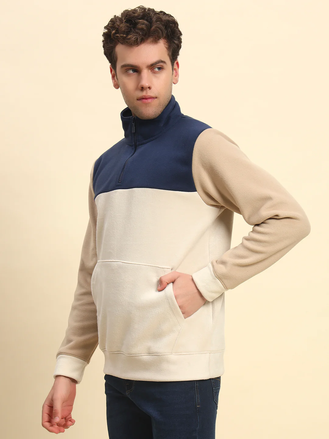 Sweatshirt for Men | Winter Wear Acrylic Fabric Zipper Closure Mock Neck Regular Fit Colour Block Pattern - Image 4