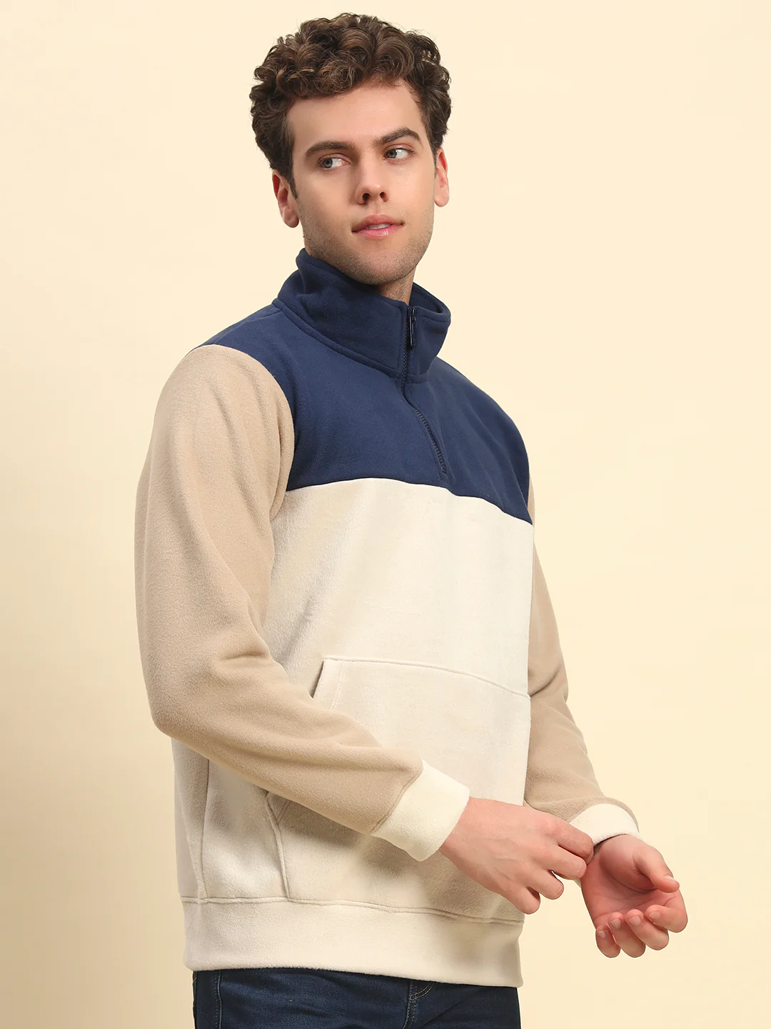 Sweatshirt for Men | Winter Wear Acrylic Fabric Zipper Closure Mock Neck Regular Fit Colour Block Pattern - Image 5