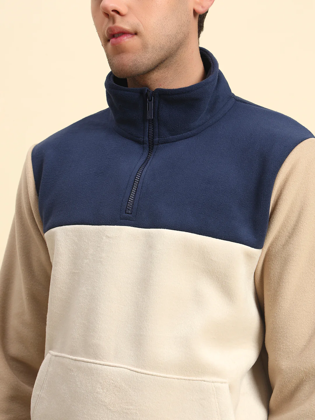 Sweatshirt for Men | Winter Wear Acrylic Fabric Zipper Closure Mock Neck Regular Fit Colour Block Pattern - Image 6