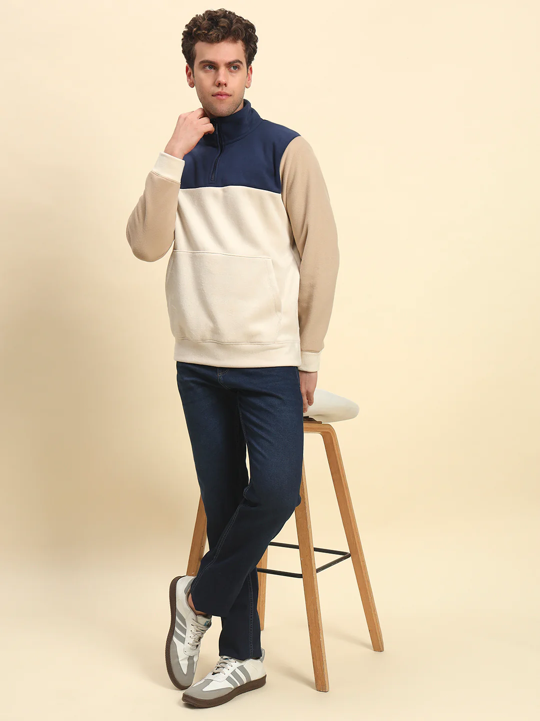 Sweatshirt for Men | Winter Wear Acrylic Fabric Zipper Closure Mock Neck Regular Fit Colour Block Pattern - Image 7