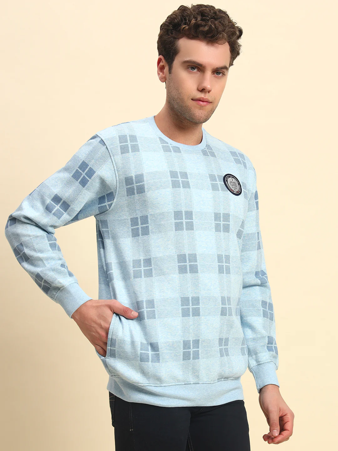 Sweatshirt for Men | Winter Wear Fleece Fabric Pull-On Closure Round Neck Regular Fit Checkered Pattern - Image 6