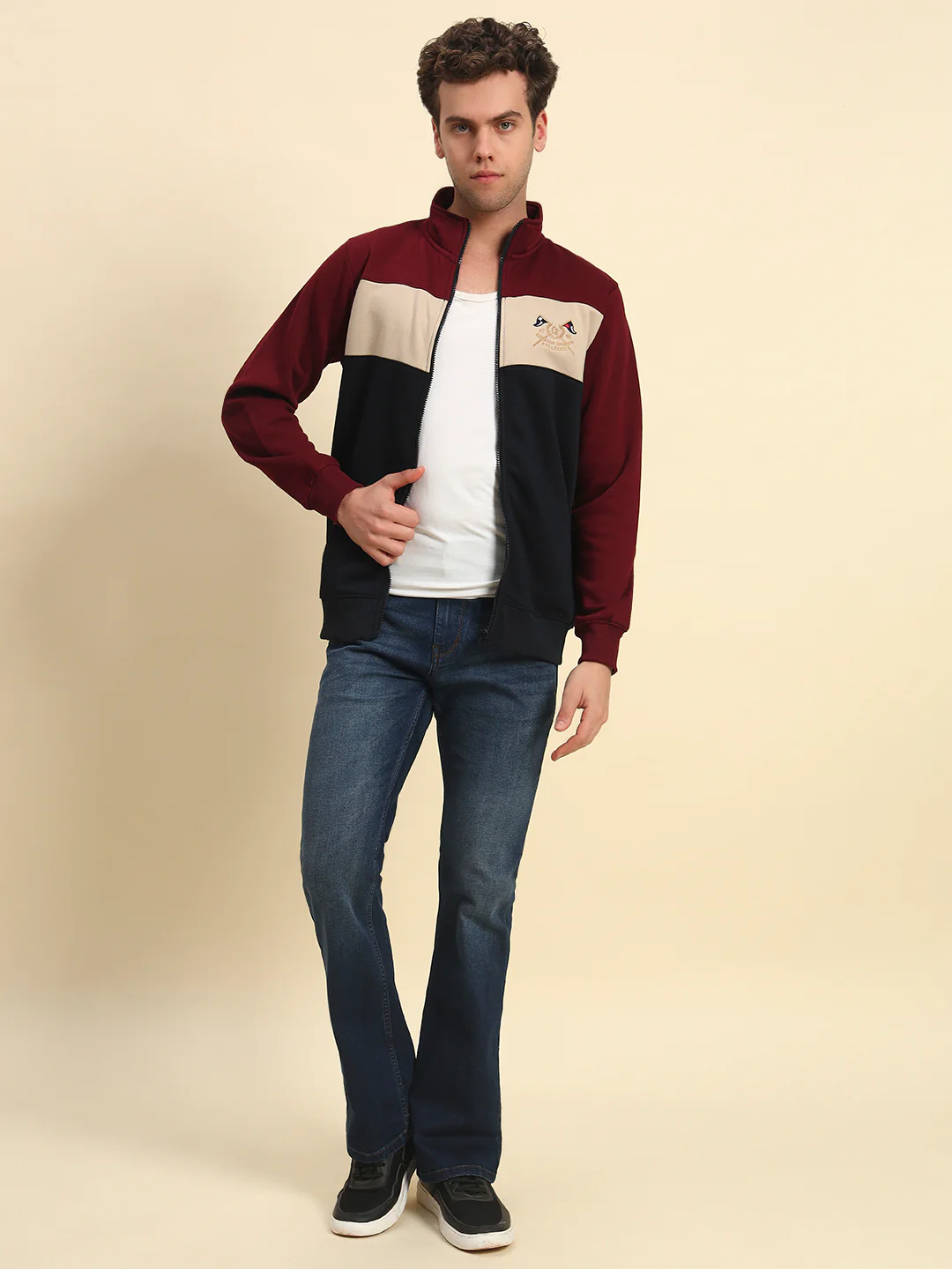 Sweatshirt for Men | Winter Wear Fleece Fabric Zipper Closure Mock Neck Regular Fit Colour Block Pattern