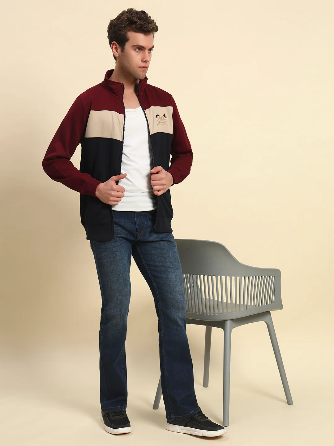 Sweatshirt for Men | Winter Wear Fleece Fabric Zipper Closure Mock Neck Regular Fit Colour Block Pattern - Image 2