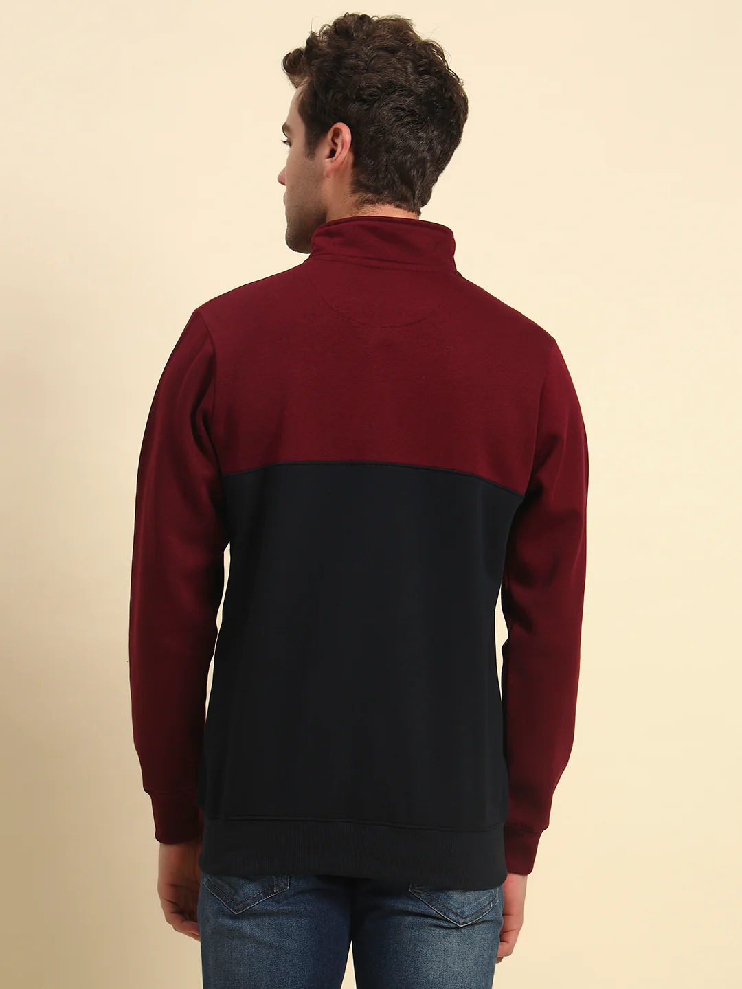 Sweatshirt for Men | Winter Wear Fleece Fabric Zipper Closure Mock Neck Regular Fit Colour Block Pattern - Image 3