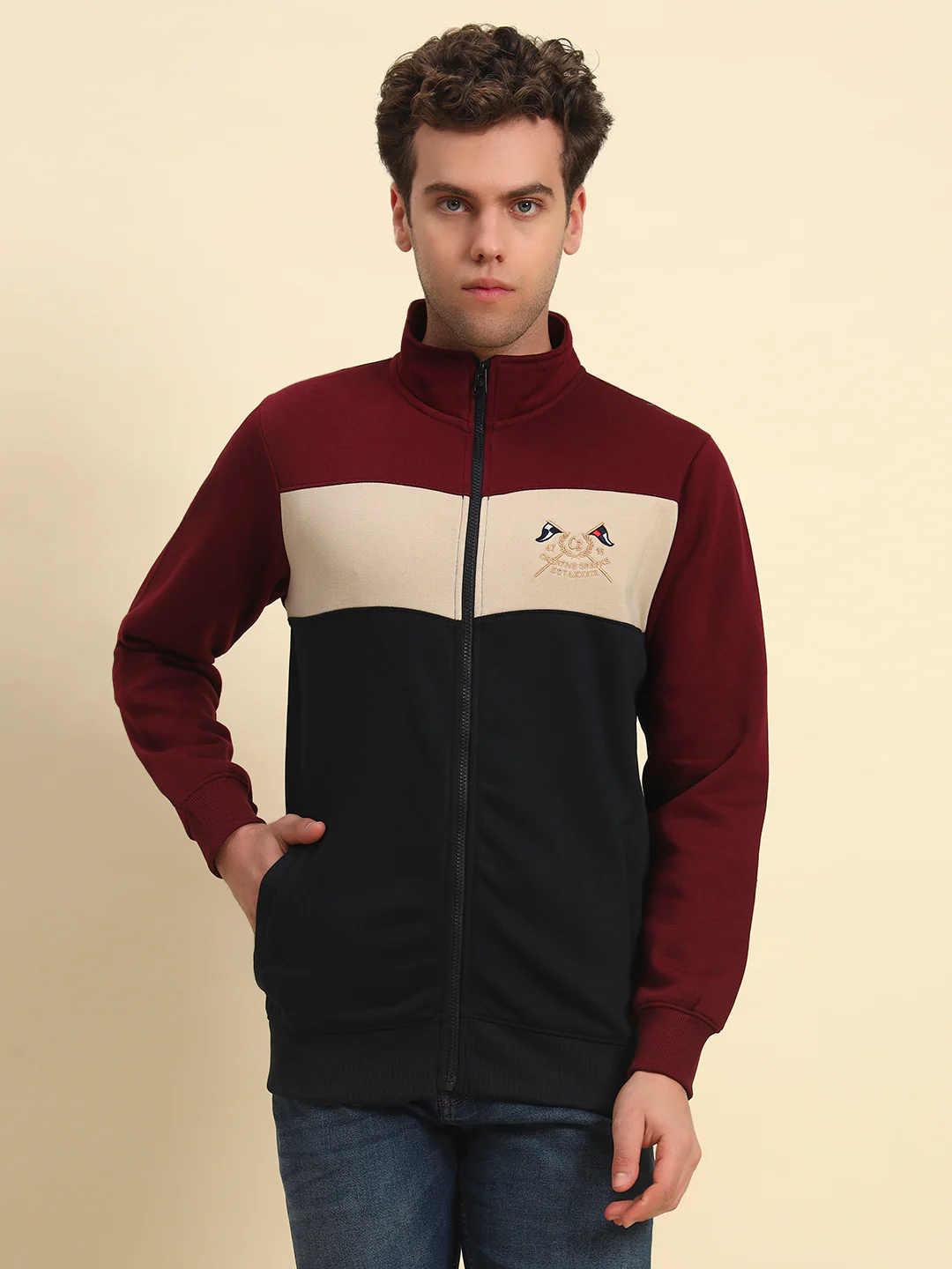 Sweatshirt for Men | Winter Wear Fleece Fabric Zipper Closure Mock Neck Regular Fit Colour Block Pattern - Image 4