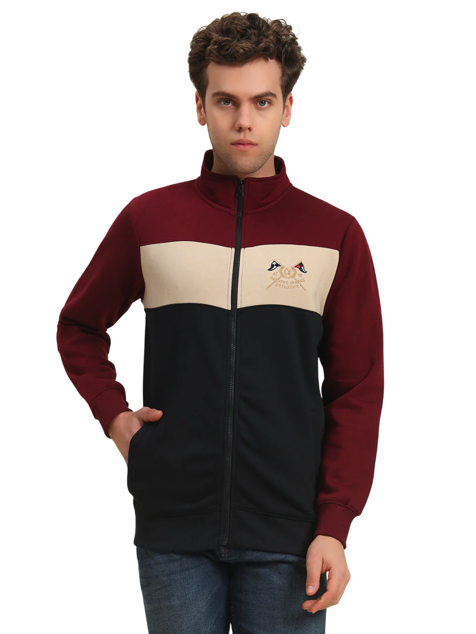 Sweatshirt for Men | Winter Wear Fleece Fabric Zipper Closure Mock Neck Regular Fit Colour Block Pattern - Image 5