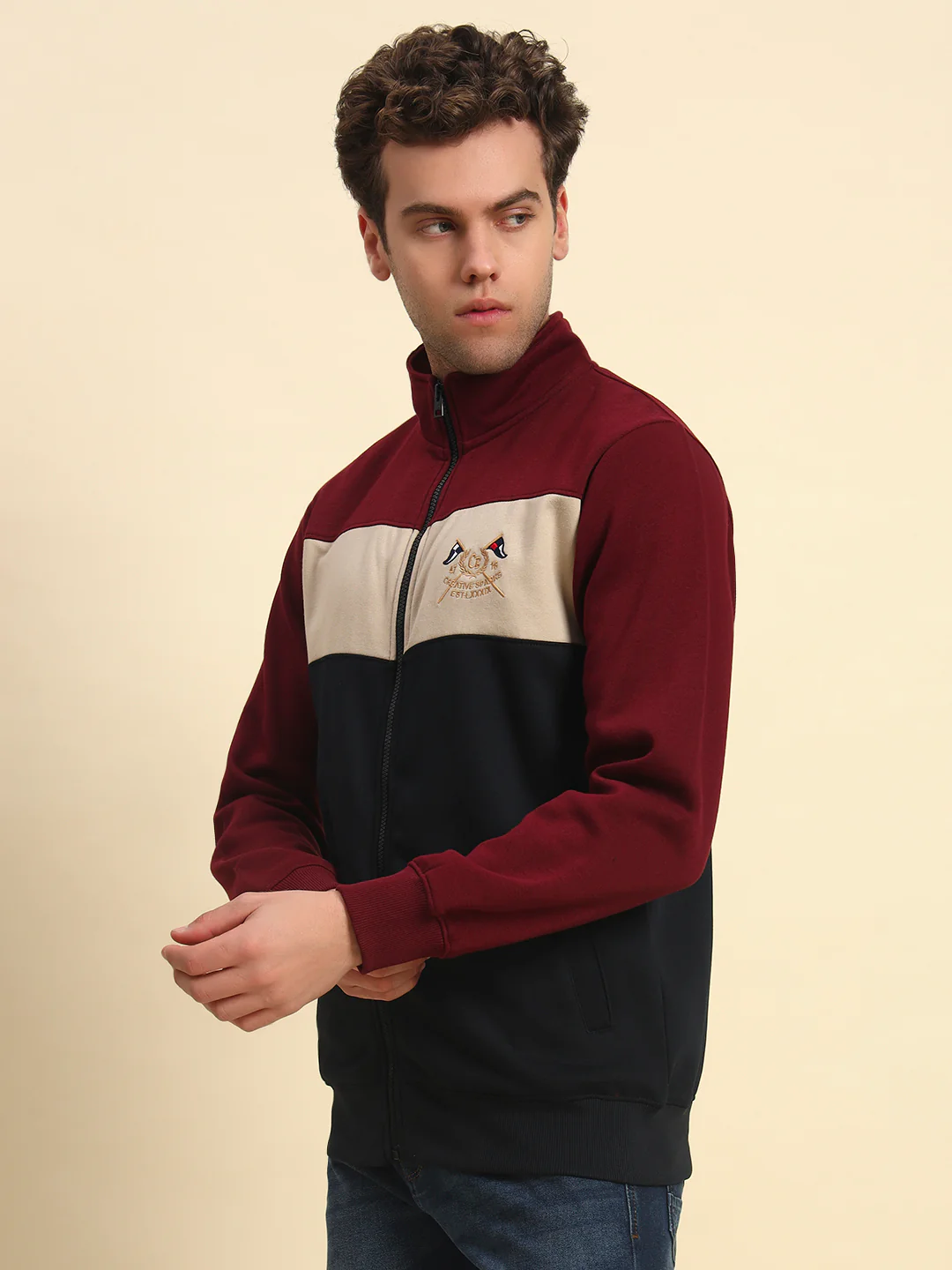 Sweatshirt for Men | Winter Wear Fleece Fabric Zipper Closure Mock Neck Regular Fit Colour Block Pattern - Image 6
