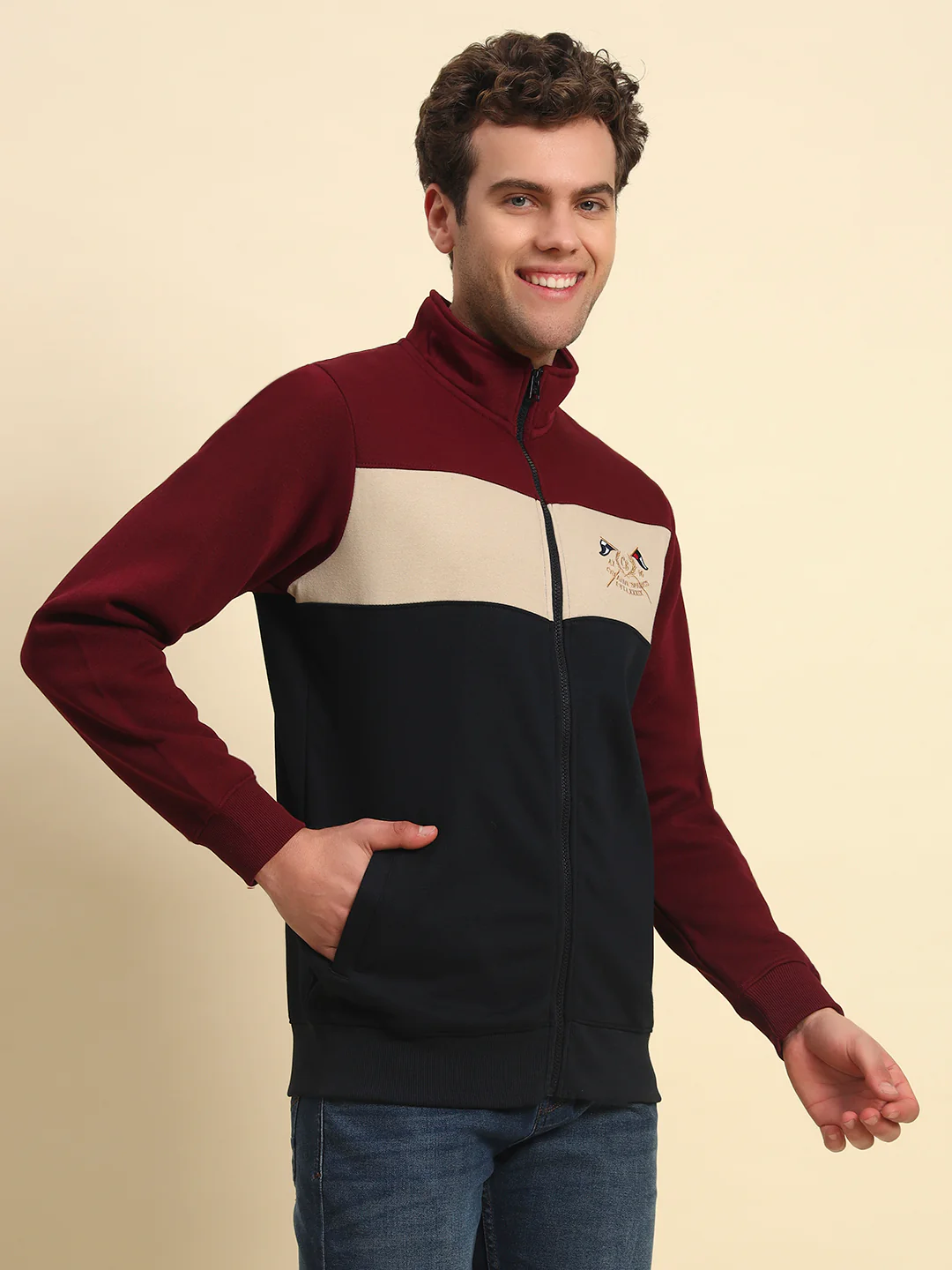 Sweatshirt for Men | Winter Wear Fleece Fabric Zipper Closure Mock Neck Regular Fit Colour Block Pattern - Image 7