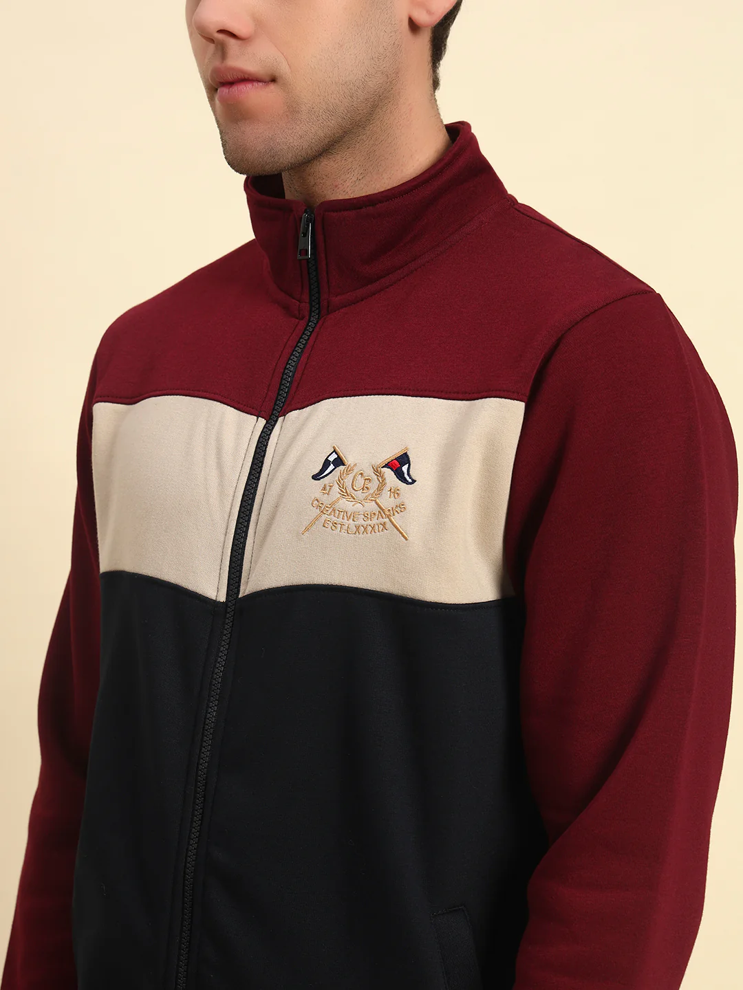 Sweatshirt for Men | Winter Wear Fleece Fabric Zipper Closure Mock Neck Regular Fit Colour Block Pattern - Image 8