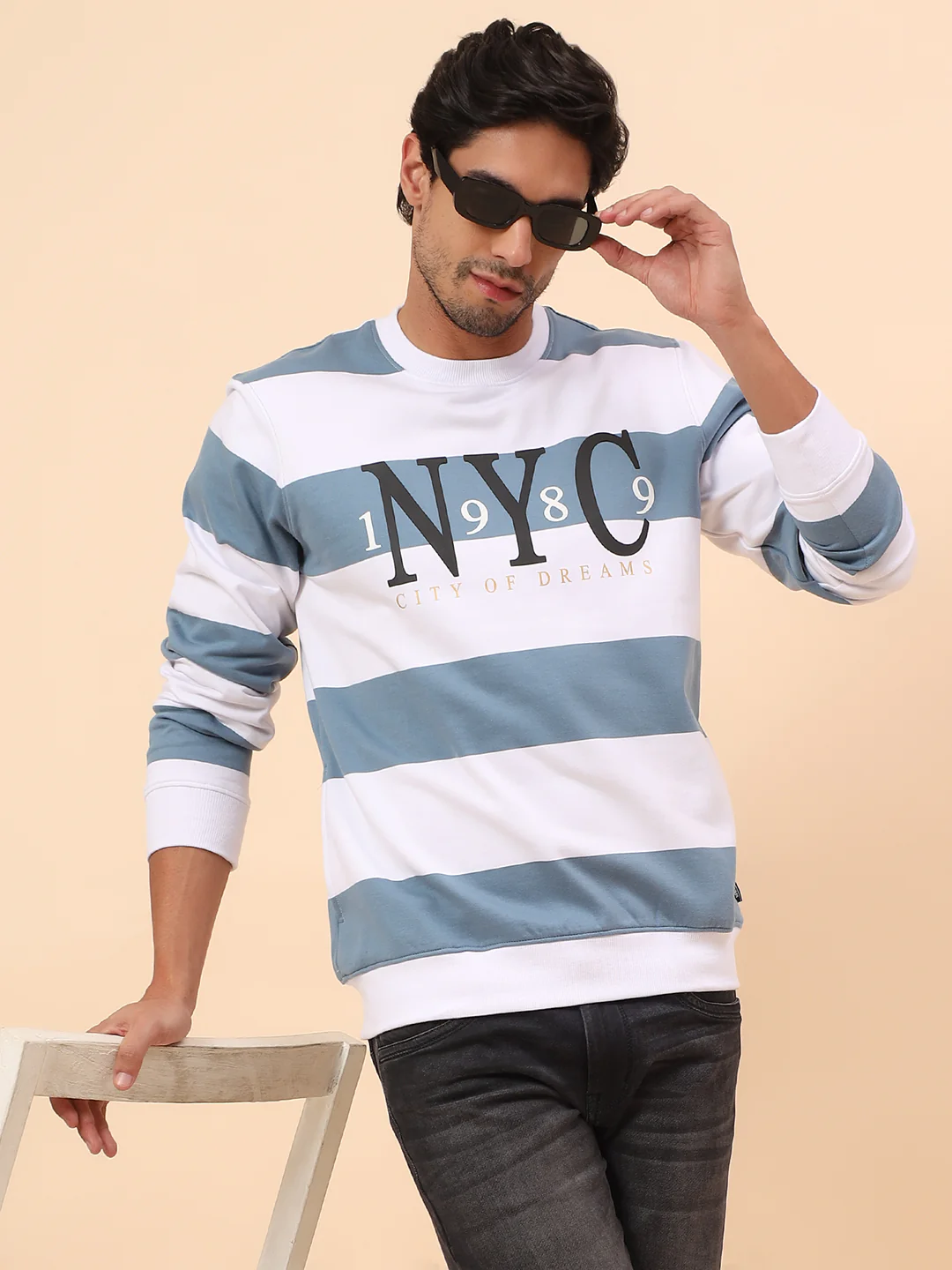 Sweatshirt for Men | Winter Wear Poly Cotton Fabric Pull-On Closure Round Neck Regular Fit Striped Pattern - Image 2