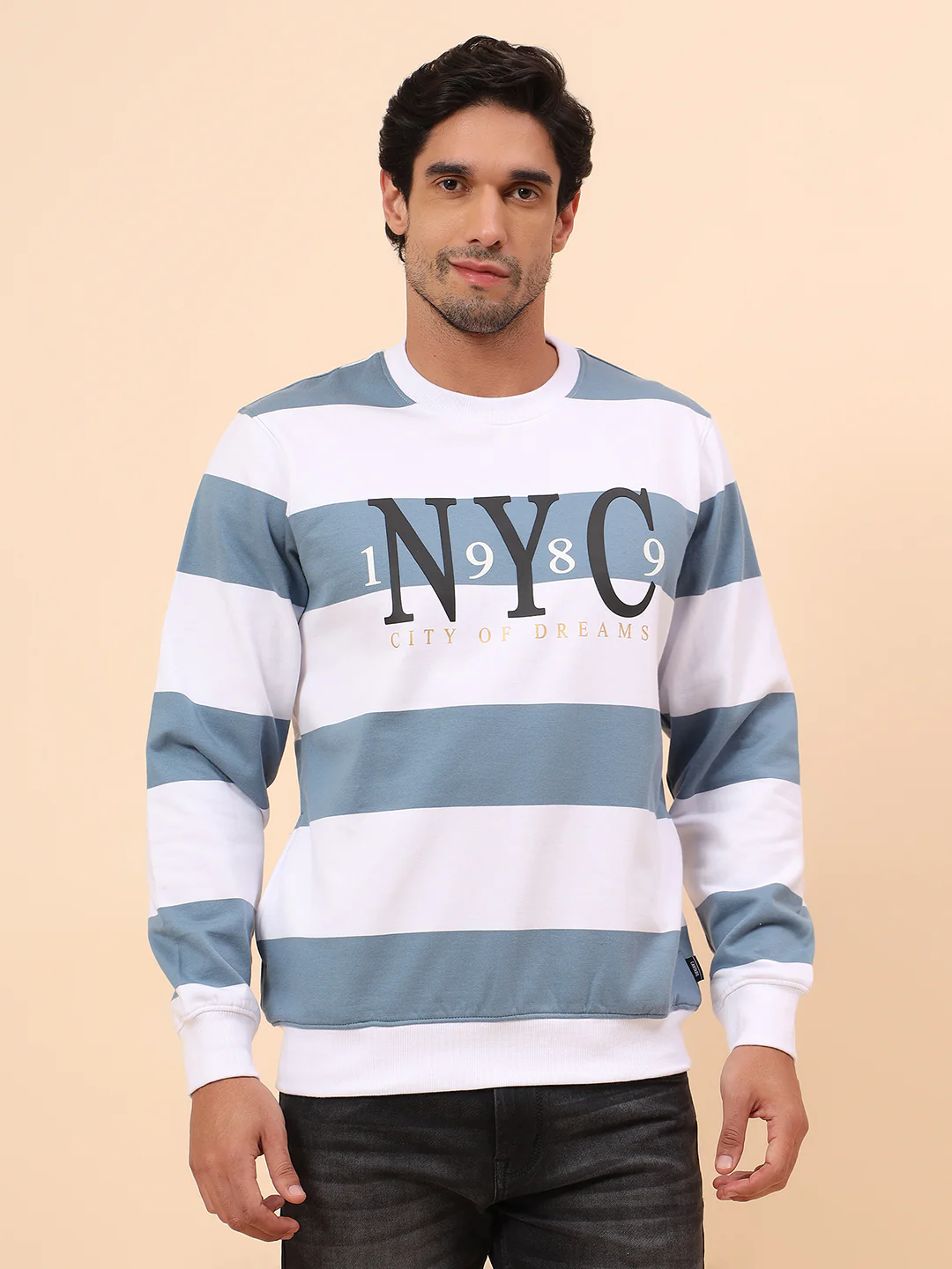 Sweatshirt for Men | Winter Wear Poly Cotton Fabric Pull-On Closure Round Neck Regular Fit Striped Pattern - Image 3