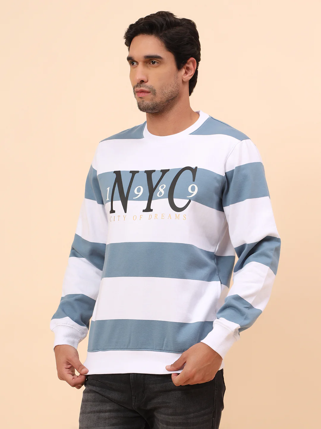 Sweatshirt for Men | Winter Wear Poly Cotton Fabric Pull-On Closure Round Neck Regular Fit Striped Pattern - Image 4
