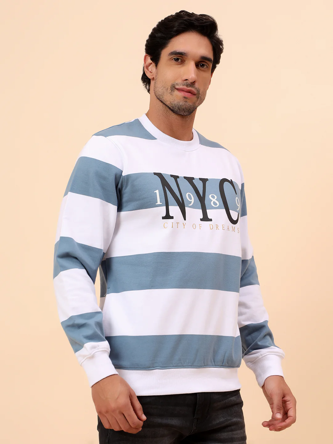 Sweatshirt for Men | Winter Wear Poly Cotton Fabric Pull-On Closure Round Neck Regular Fit Striped Pattern - Image 5
