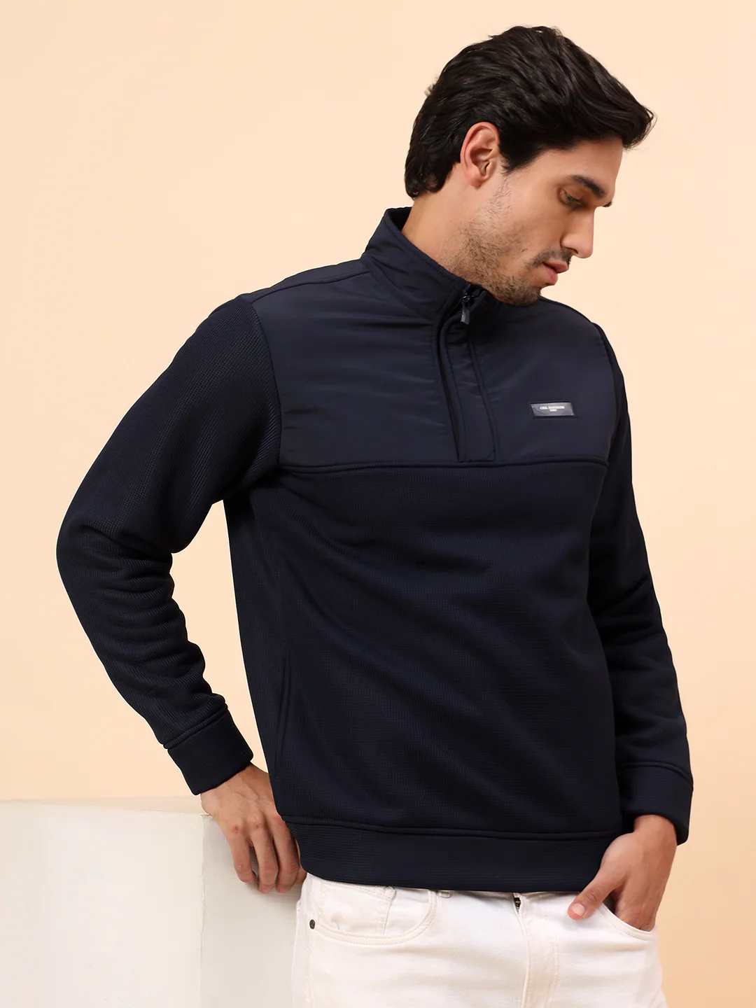 Sweatshirt for Men | Winter Wear Poly Cotton Fabric Zipper Closure Mock Neck Regular Fit Self Design Pattern - Image 2