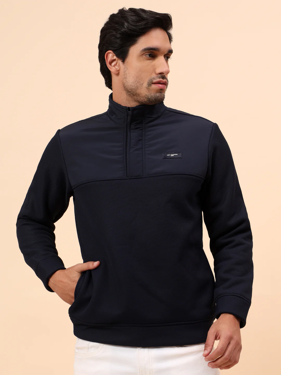 Sweatshirt for Men | Winter Wear Poly Cotton Fabric Zipper Closure Mock Neck Regular Fit Self Design Pattern - Image 3