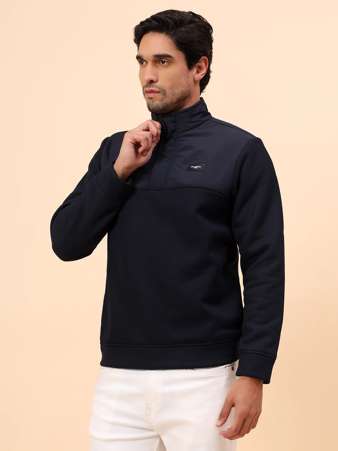 Sweatshirt for Men | Winter Wear Poly Cotton Fabric Zipper Closure Mock Neck Regular Fit Self Design Pattern - Image 4