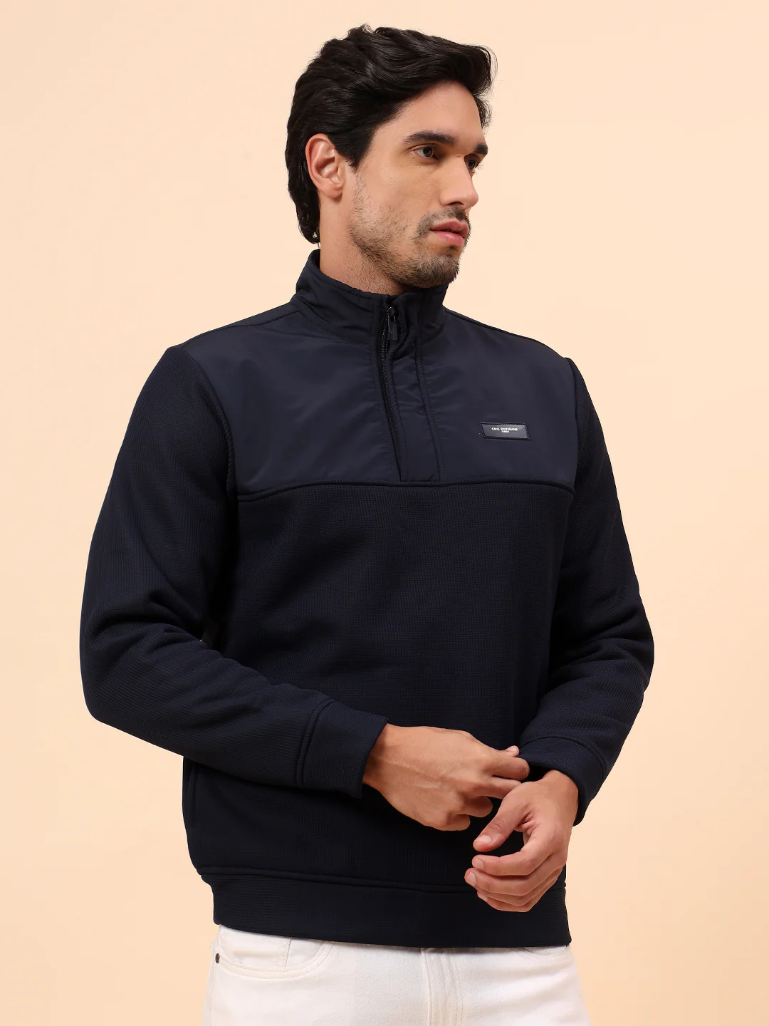 Sweatshirt for Men | Winter Wear Poly Cotton Fabric Zipper Closure Mock Neck Regular Fit Self Design Pattern - Image 5