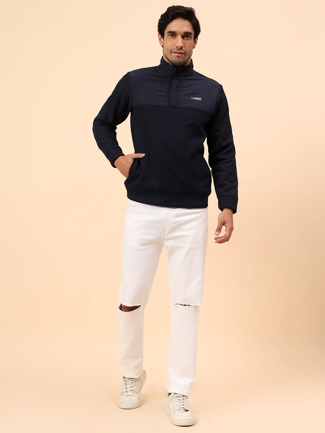 Sweatshirt for Men | Winter Wear Poly Cotton Fabric Zipper Closure Mock Neck Regular Fit Self Design Pattern - Image 8