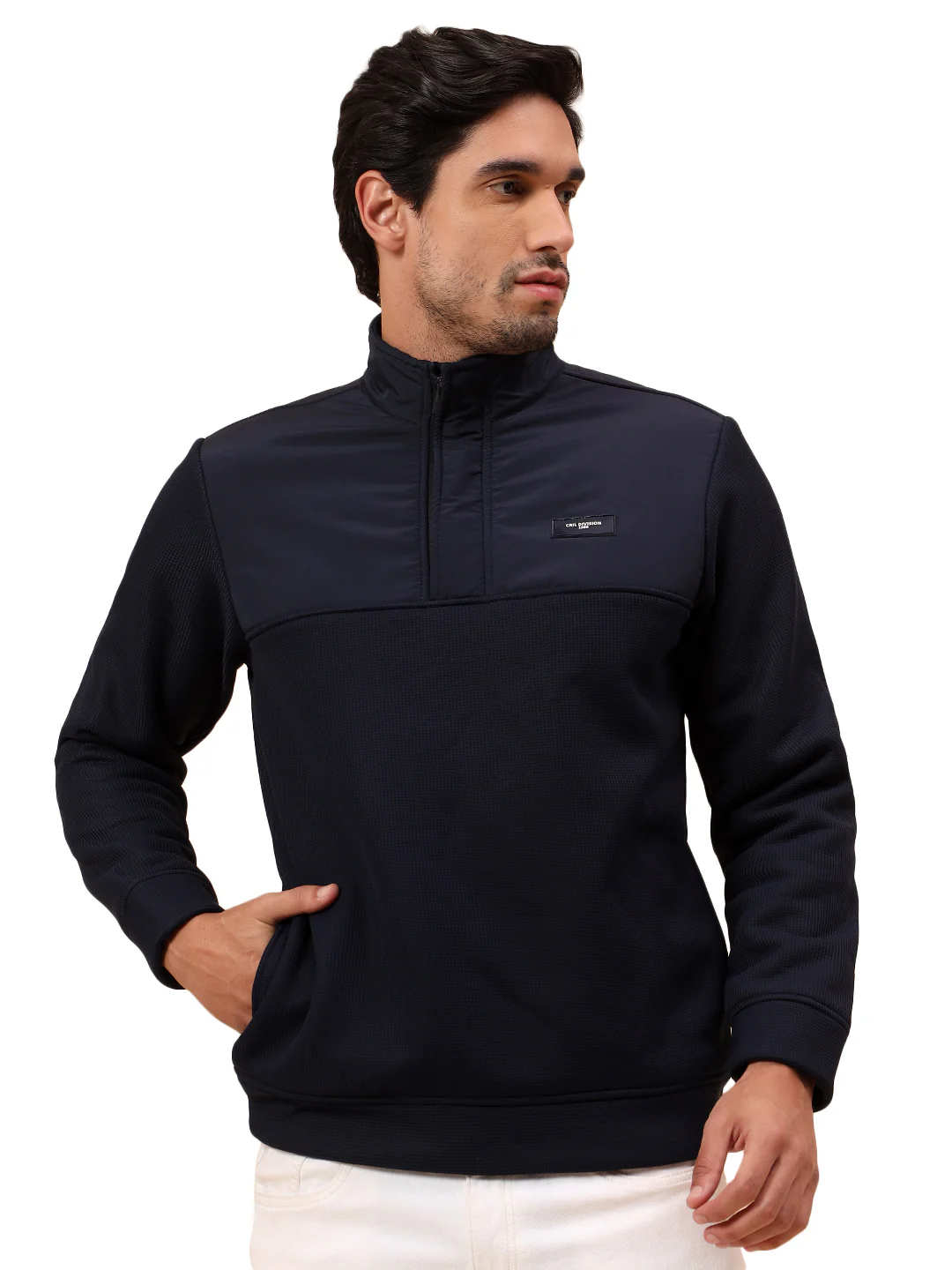 Sweatshirt for Men | Winter Wear Poly Cotton Fabric Zipper Closure Mock Neck Regular Fit Self Design Pattern - Image 9