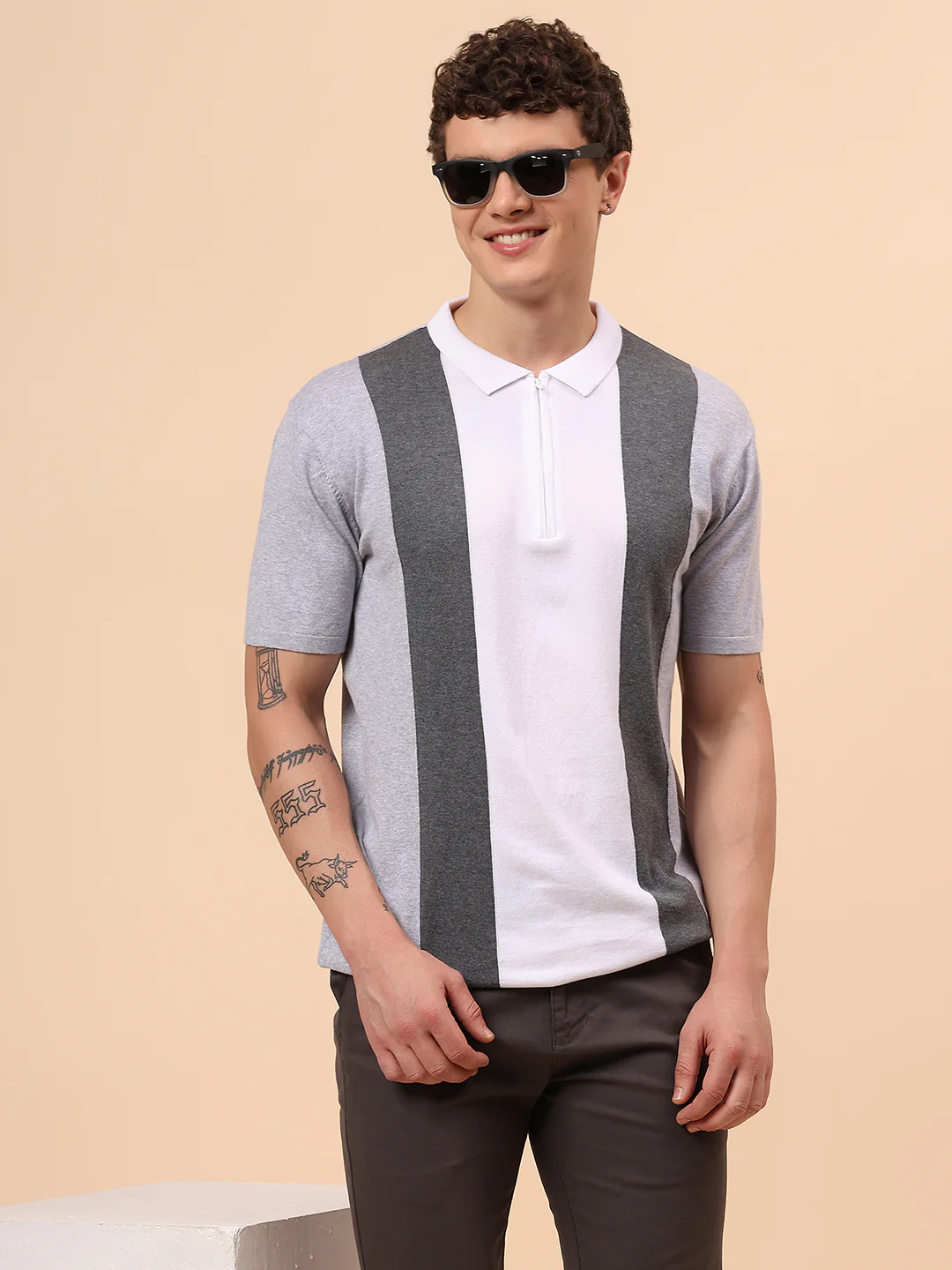 T-Shirt for Men | Breathable & Soft with Color Fastness Regular Fit Polo Neck Cotton Blend Fabric Striped Pattern - Image 2