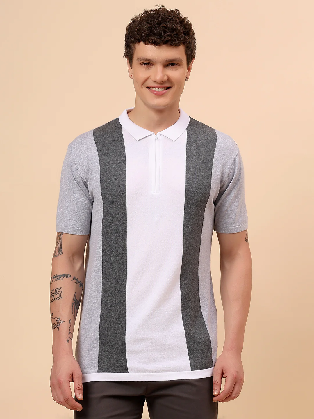 T-Shirt for Men | Breathable & Soft with Color Fastness Regular Fit Polo Neck Cotton Blend Fabric Striped Pattern - Image 3