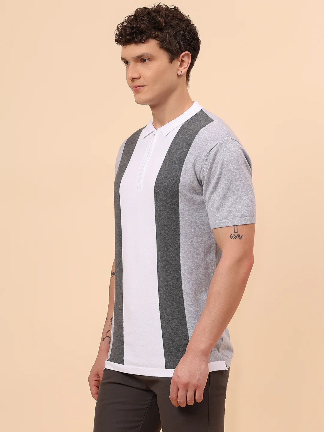 T-Shirt for Men | Breathable & Soft with Color Fastness Regular Fit Polo Neck Cotton Blend Fabric Striped Pattern - Image 4