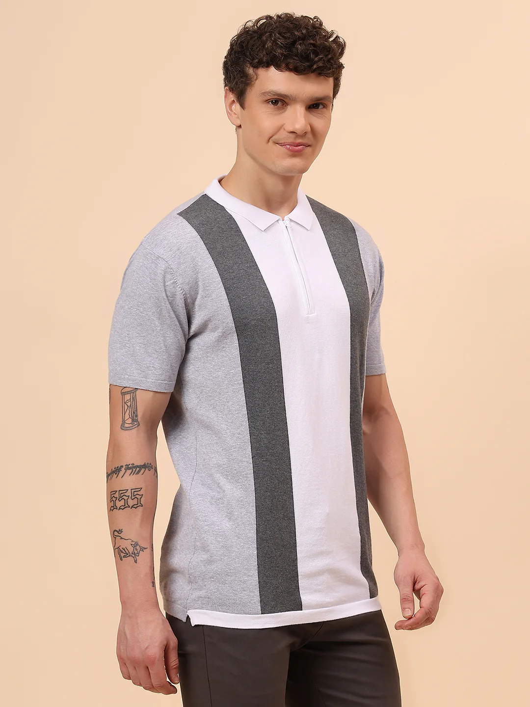 T-Shirt for Men | Breathable & Soft with Color Fastness Regular Fit Polo Neck Cotton Blend Fabric Striped Pattern - Image 5