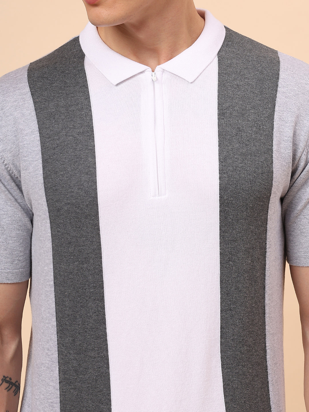 T-Shirt for Men | Breathable & Soft with Color Fastness Regular Fit Polo Neck Cotton Blend Fabric Striped Pattern - Image 7