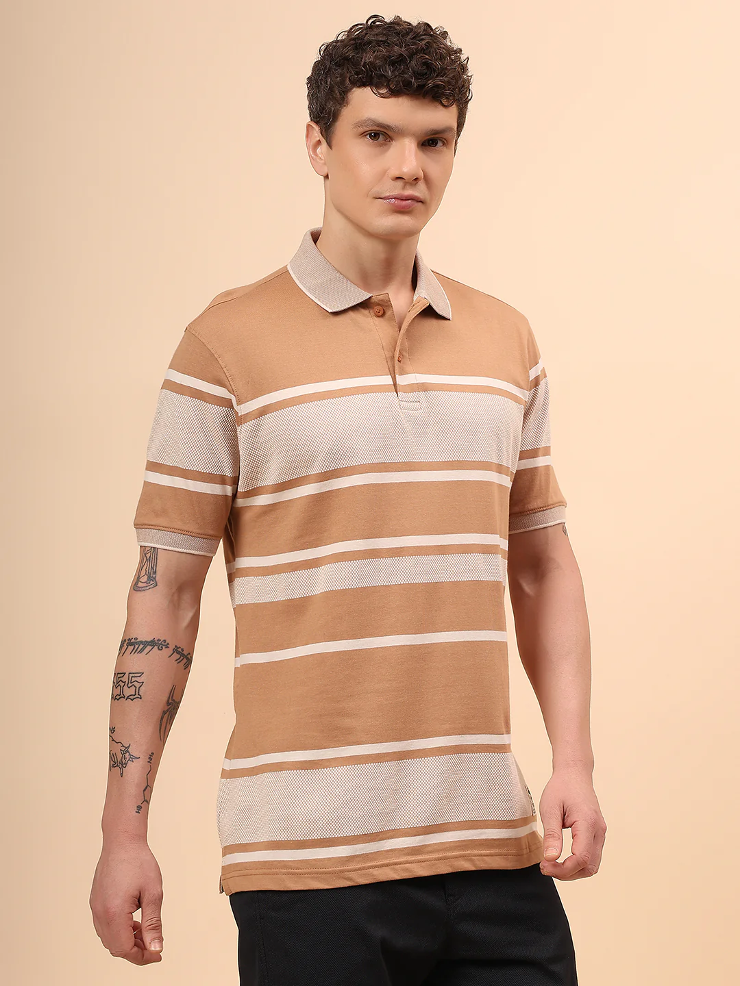 T-Shirt for Men | Breathable & Soft with Color Fastness Regular Fit Polo Neck Cotton Fabric Striped Pattern - Image 5