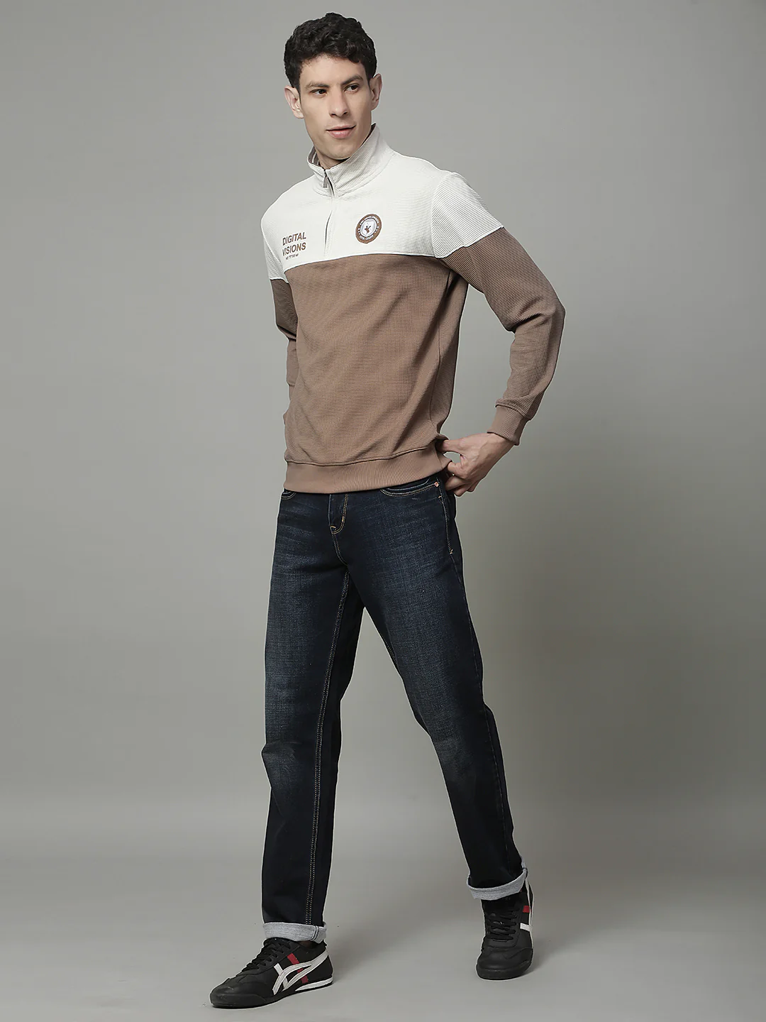 T-Shirt for Men | Breathable & Soft with Color Fastness Regular Fit Mock Neck Poly Cotton Fabric Colour Block Pattern - Image 3