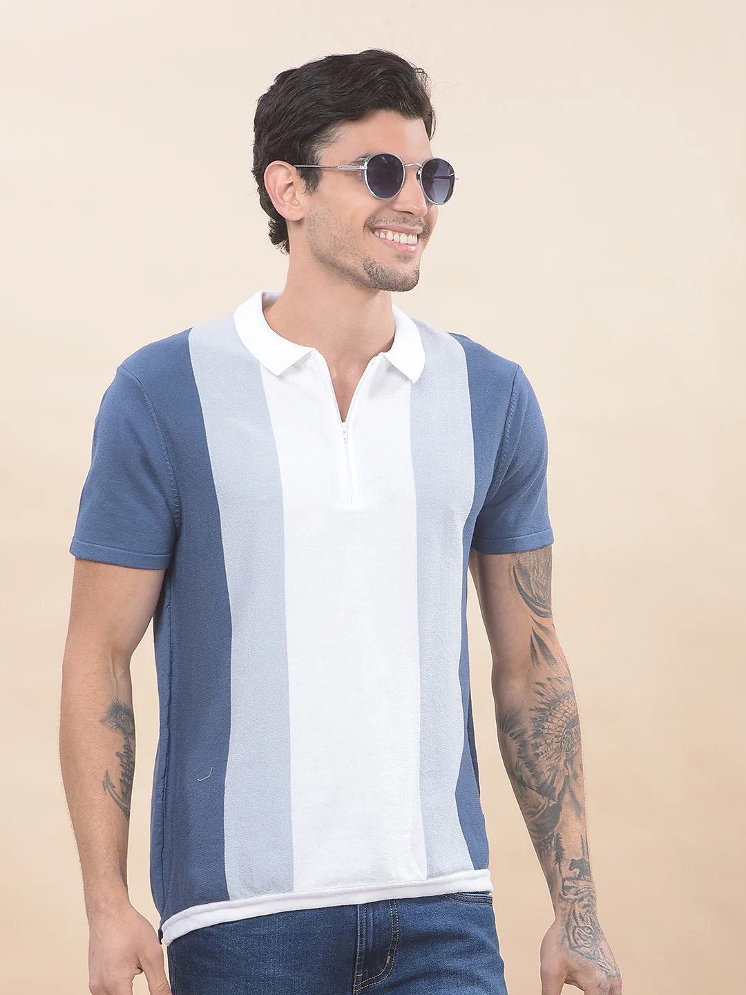 T-Shirt for Men | Breathable & Soft with Color Fastness Regular Fit Polo Neck Cotton Blend Fabric Colourblocked Pattern