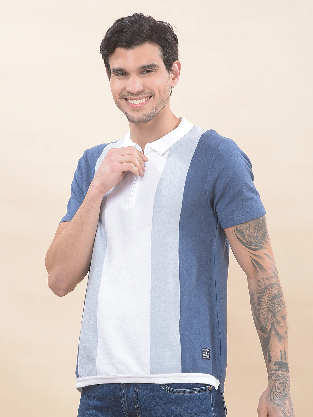 T-Shirt for Men | Breathable & Soft with Color Fastness Regular Fit Polo Neck Cotton Blend Fabric Colourblocked Pattern - Image 5