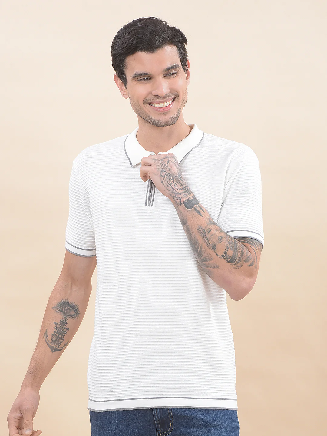 T-Shirt for Men | Breathable & Soft with Color Fastness Regular Fit Polo Neck Cotton Blend Fabric Self-Design Pattern - Image 4