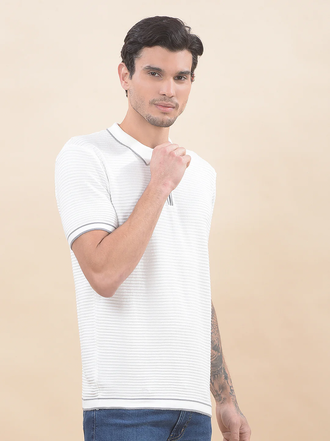 T-Shirt for Men | Breathable & Soft with Color Fastness Regular Fit Polo Neck Cotton Blend Fabric Self-Design Pattern - Image 6