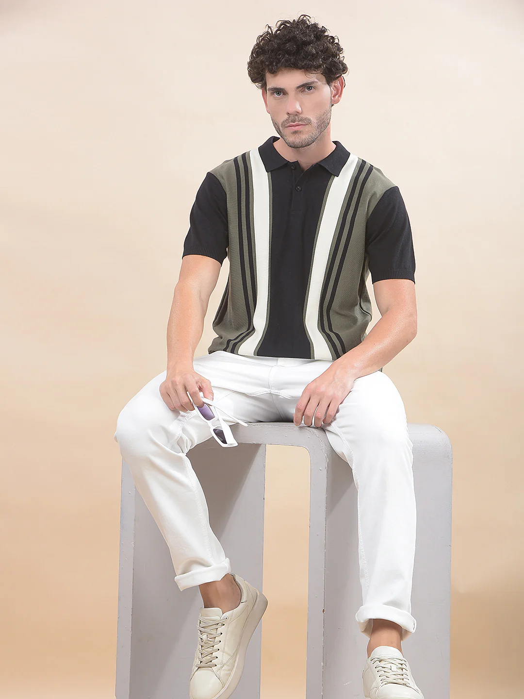 T-Shirt for Men | Breathable & Soft with Color Fastness Regular Fit Polo Neck Cotton Blend Fabric Striped Pattern - Image 2