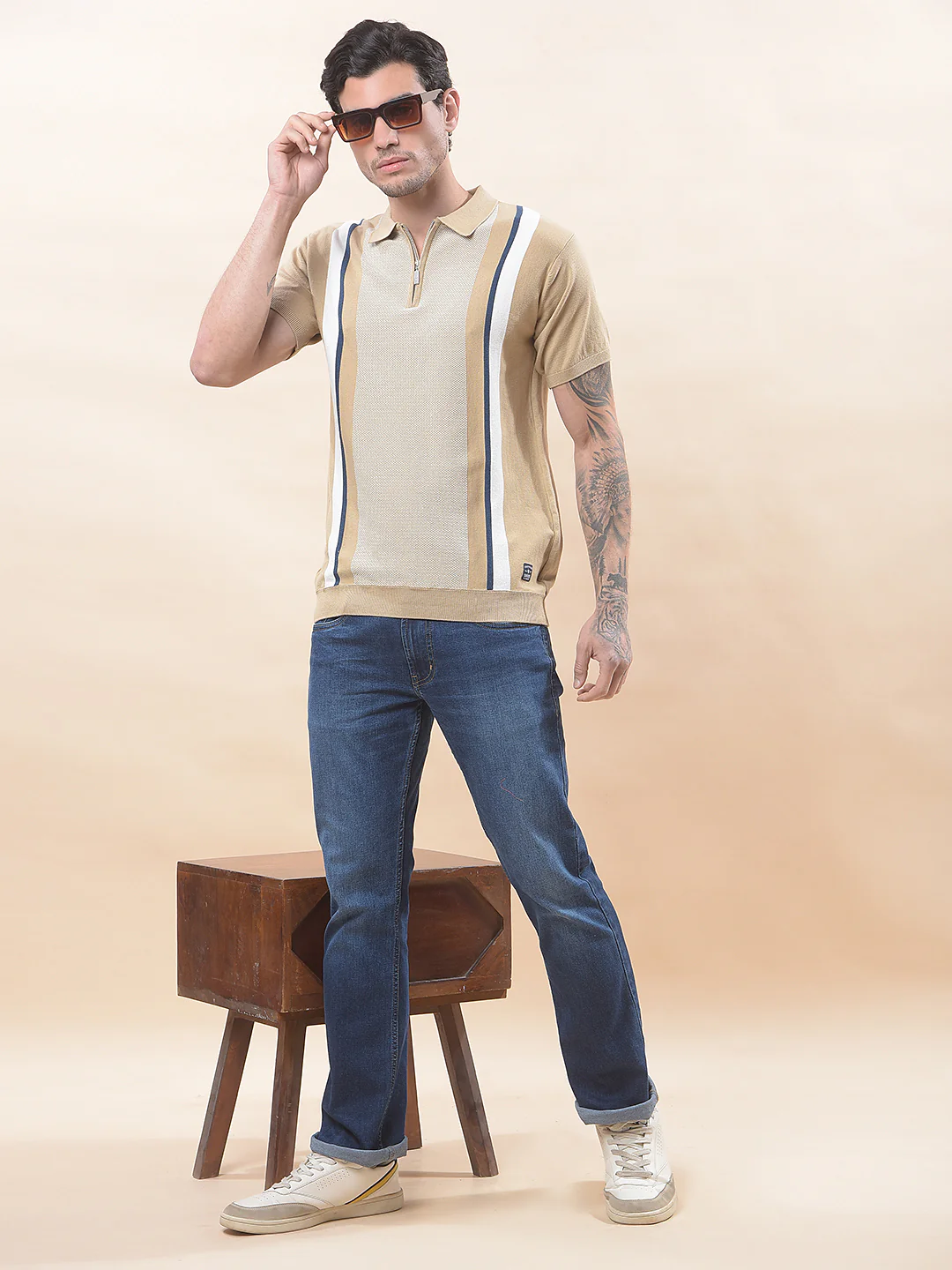 T-Shirt for Men | Breathable & Soft with Color Fastness Regular Fit Polo Neck Cotton Blend Fabric Striped Pattern