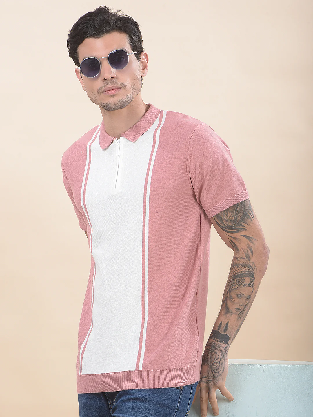 T-Shirt for Men | Breathable & Soft with Color Fastness Regular Fit Polo Neck Cotton Blend Fabric Striped Pattern