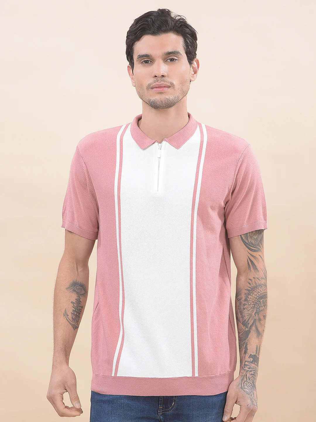 T-Shirt for Men | Breathable & Soft with Color Fastness Regular Fit Polo Neck Cotton Blend Fabric Striped Pattern - Image 3