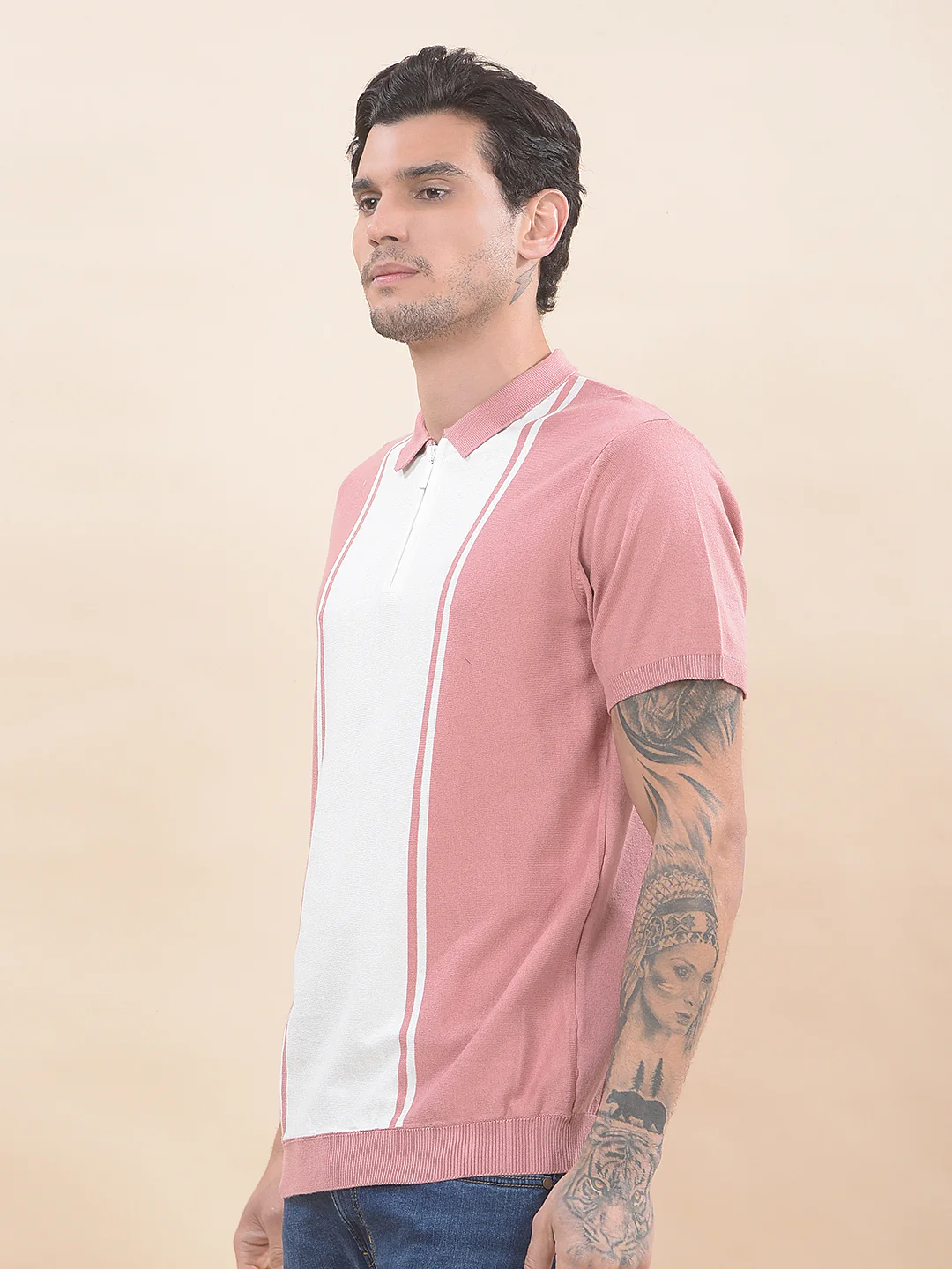 T-Shirt for Men | Breathable & Soft with Color Fastness Regular Fit Polo Neck Cotton Blend Fabric Striped Pattern - Image 4