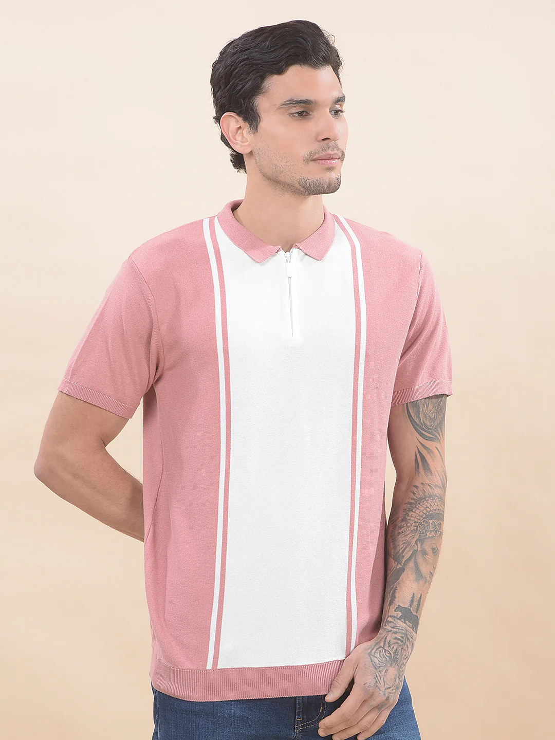 T-Shirt for Men | Breathable & Soft with Color Fastness Regular Fit Polo Neck Cotton Blend Fabric Striped Pattern - Image 5