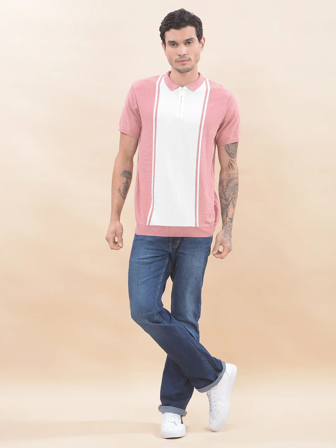 T-Shirt for Men | Breathable & Soft with Color Fastness Regular Fit Polo Neck Cotton Blend Fabric Striped Pattern - Image 7