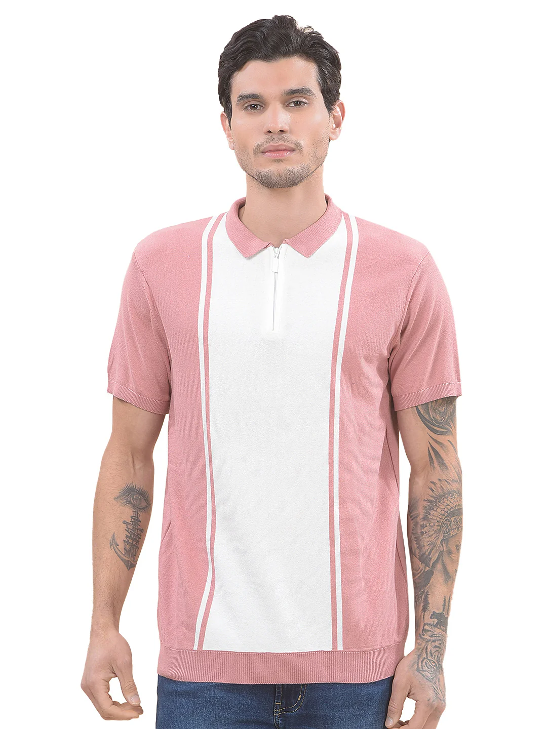 T-Shirt for Men | Breathable & Soft with Color Fastness Regular Fit Polo Neck Cotton Blend Fabric Striped Pattern - Image 9