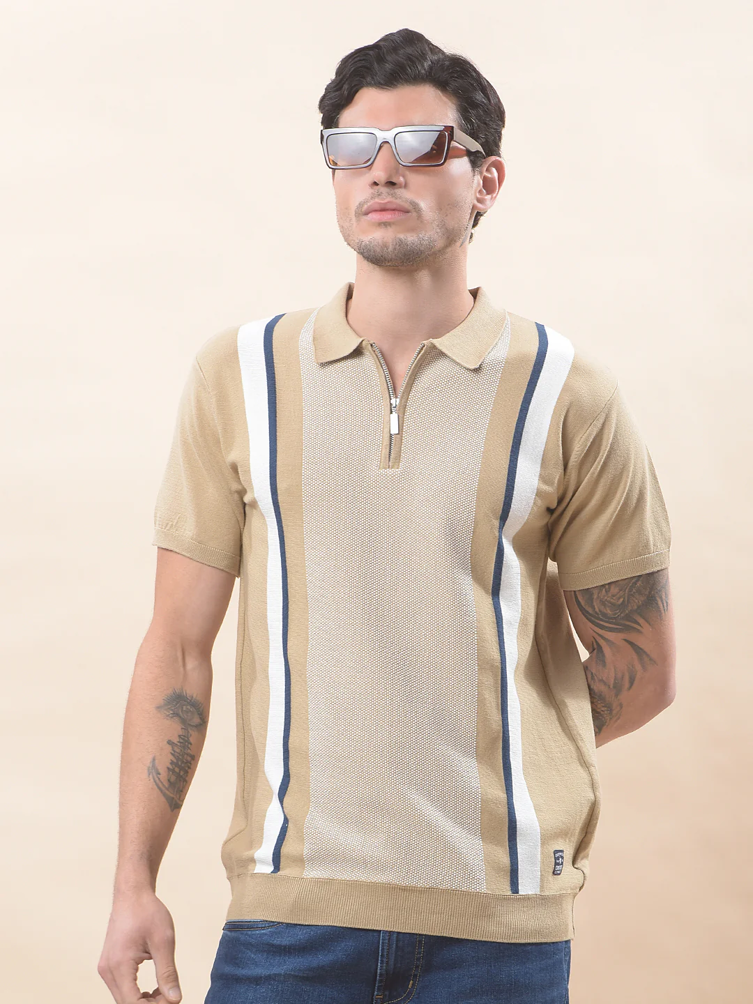 T-Shirt for Men | Breathable & Soft with Color Fastness Regular Fit Polo Neck Cotton Blend Fabric Striped Pattern - Image 3