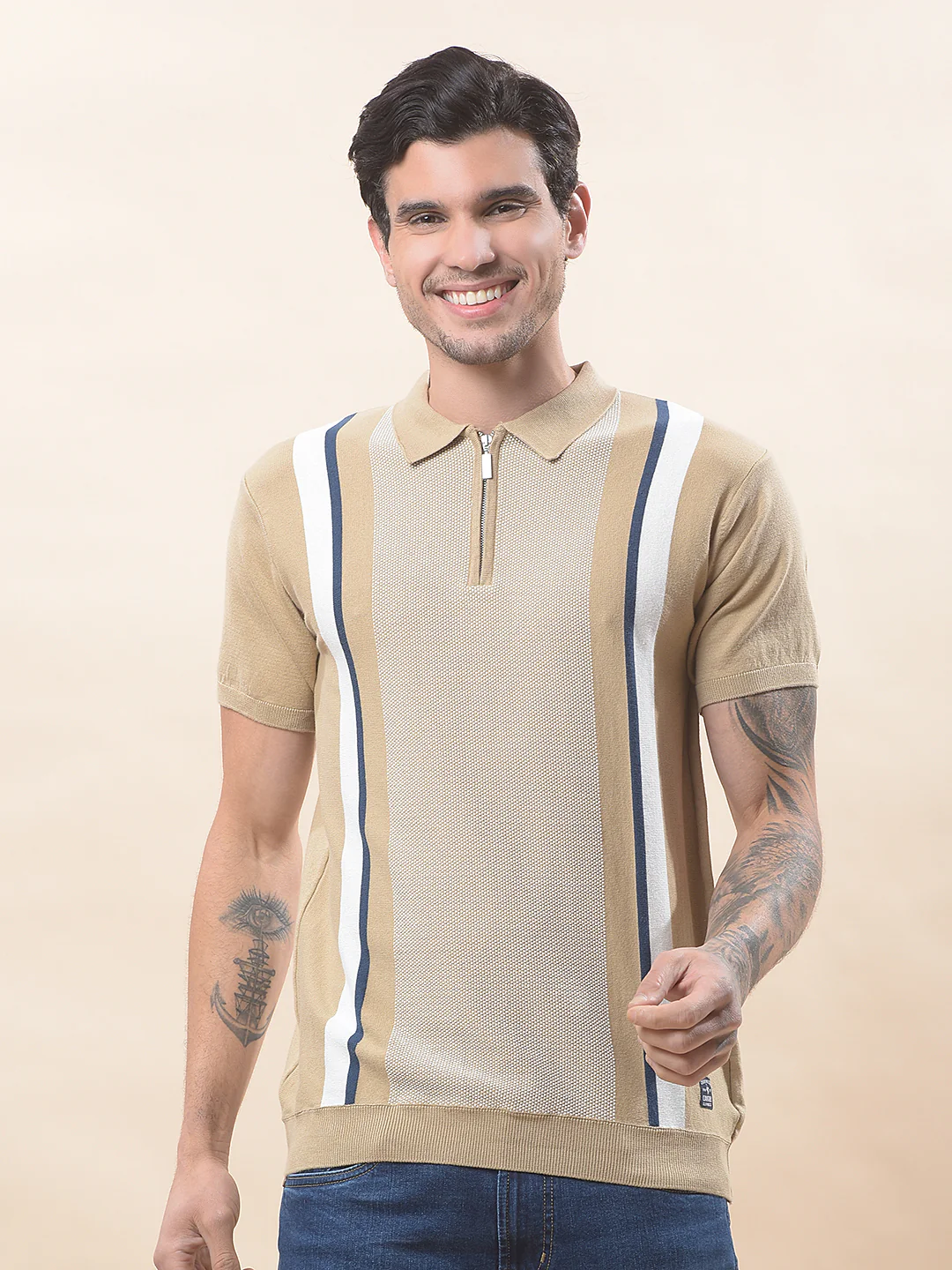 T-Shirt for Men | Breathable & Soft with Color Fastness Regular Fit Polo Neck Cotton Blend Fabric Striped Pattern - Image 4