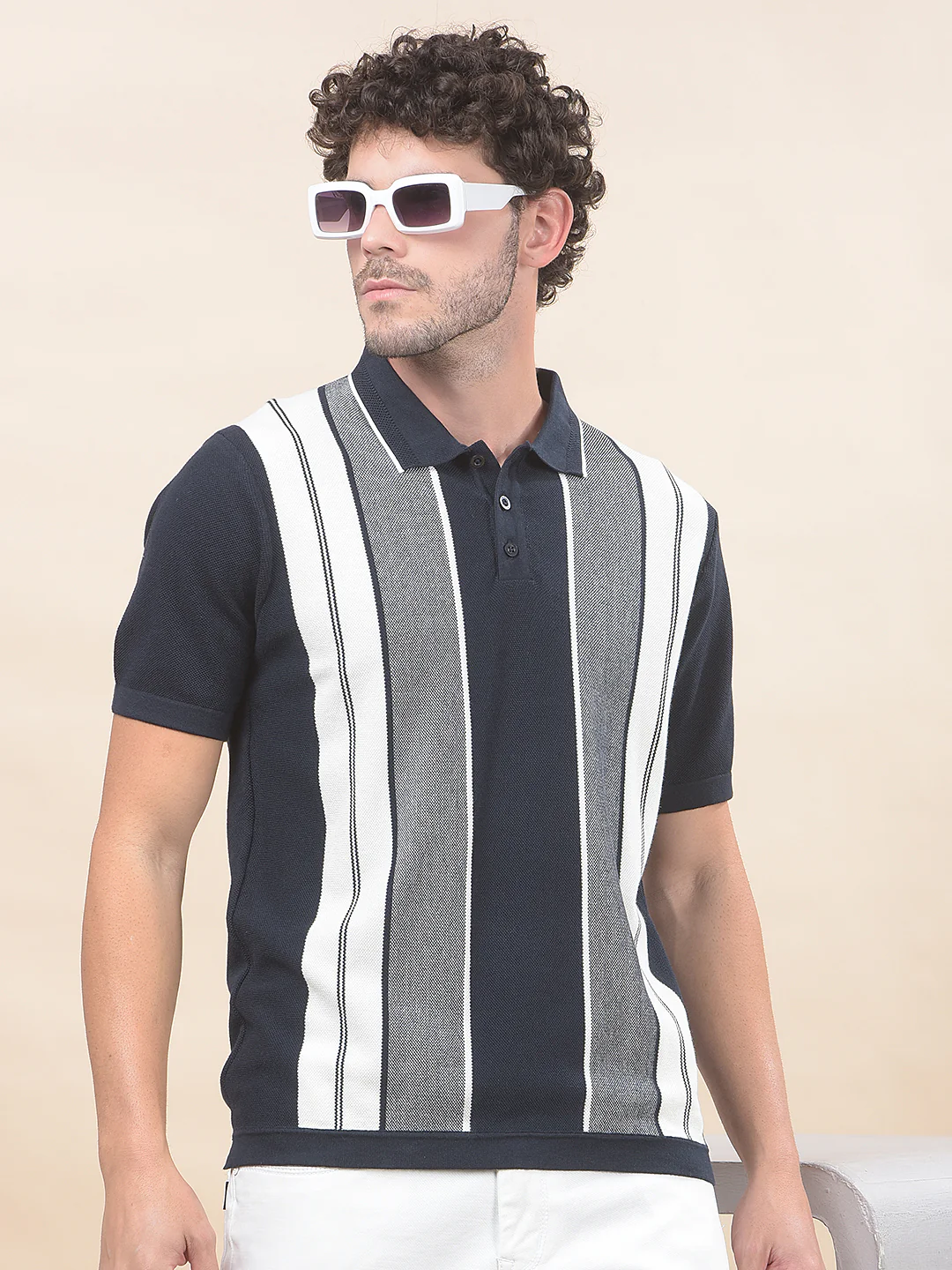 T-Shirt for Men | Breathable & Soft with Color Fastness Regular Fit Polo Neck Cotton Blend Fabric Striped Pattern - Image 2