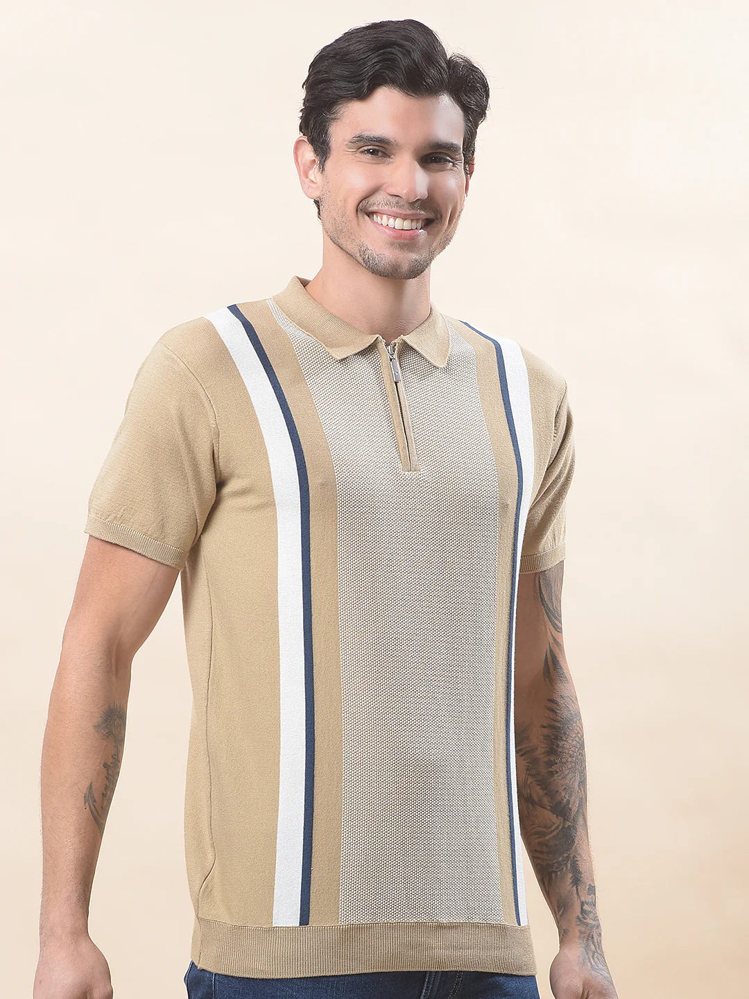 T-Shirt for Men | Breathable & Soft with Color Fastness Regular Fit Polo Neck Cotton Blend Fabric Striped Pattern - Image 5